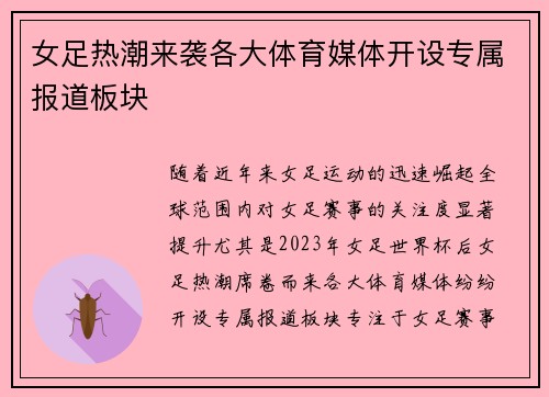女足热潮来袭各大体育媒体开设专属报道板块 女足热潮来袭各大体育媒体开设专属报道板块