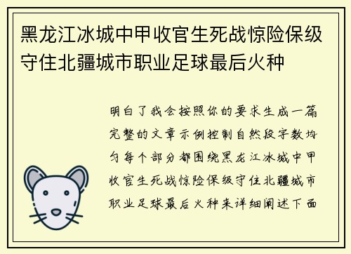 黑龙江冰城中甲收官生死战惊险保级守住北疆城市职业足球最后火种