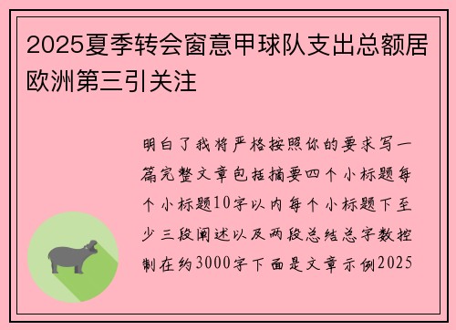 2025夏季转会窗意甲球队支出总额居欧洲第三引关注 2025夏季转会窗意甲球队支出总额居欧洲第三引关注